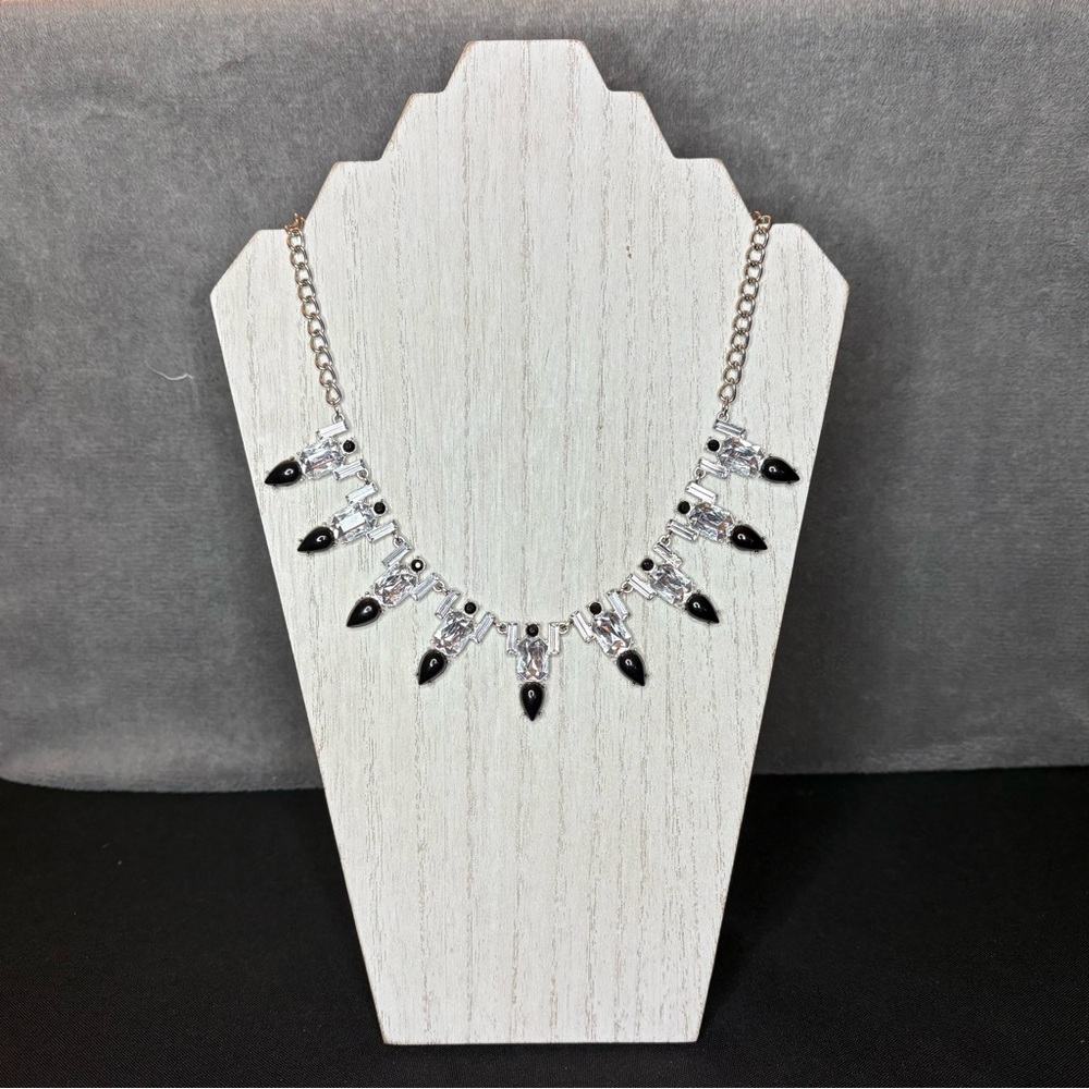 Vintage Costume 11” Necklace, Silver Chain, Black Rhinestones, 13” w/ Extender